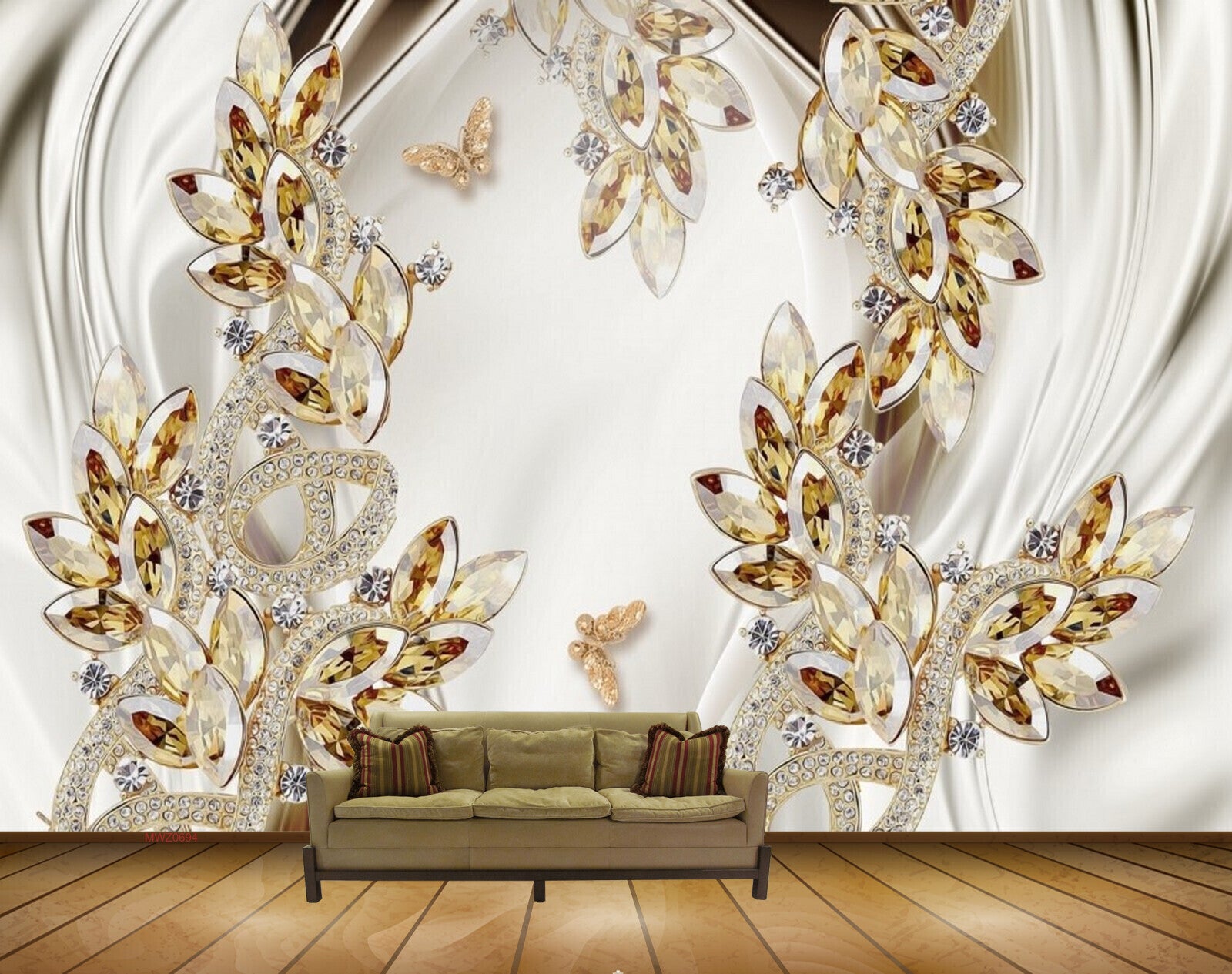 Avikalp MWZ0694 White Golden Leaves Butterflies 3D HD Wallpaper