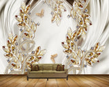Avikalp MWZ0694 White Golden Leaves Butterflies 3D HD Wallpaper