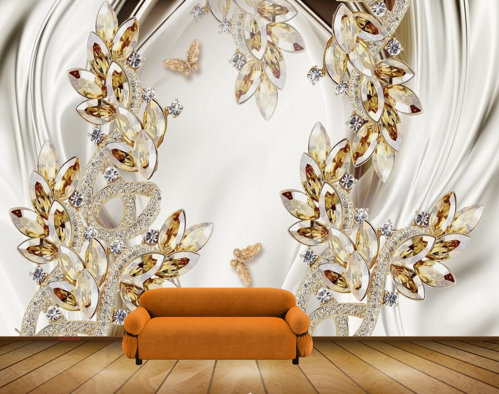 Avikalp MWZ0694 White Golden Leaves Butterflies 3D HD Wallpaper