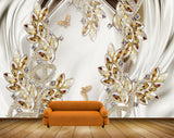 Avikalp MWZ0694 White Golden Leaves Butterflies 3D HD Wallpaper