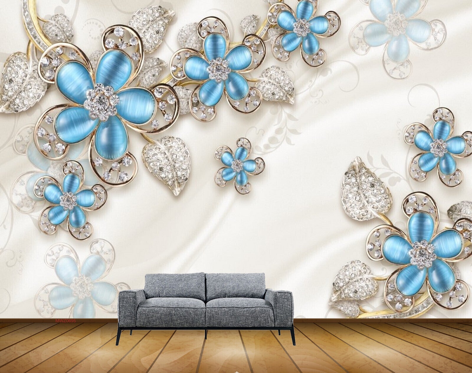 Avikalp MWZ0695 Blue Flowers Leaves 3D HD Wallpaper