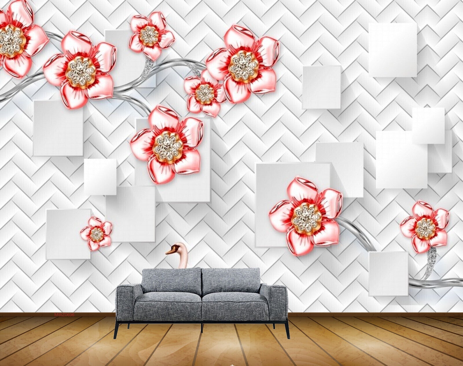 Avikalp MWZ0696 Pink Red Flowers Cranes 3D HD Wallpaper