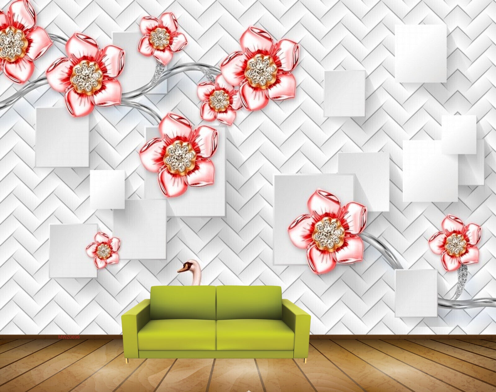 Avikalp MWZ0696 Pink Red Flowers Cranes 3D HD Wallpaper