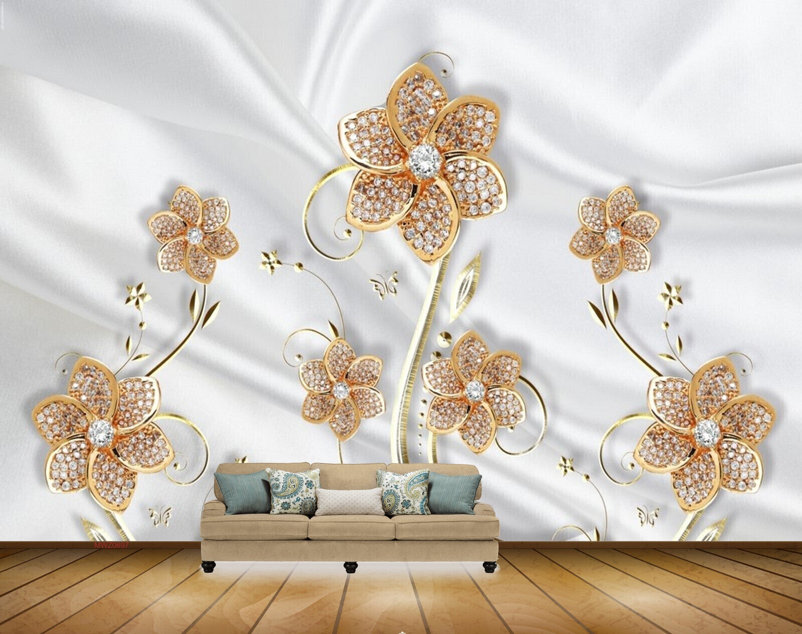 Avikalp MWZ0697 White Golden Flowers Leaves Butterflies 3D HD Wallpaper