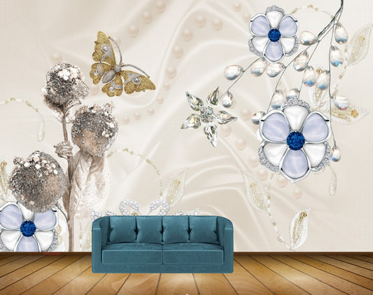 Avikalp MWZ0698 White Blue Flowers Butterflies Swans HD Wallpaper