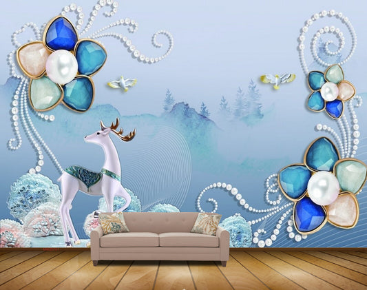 Avikalp MWZ0701 Blue Flowers Deer Birds HD Wallpaper