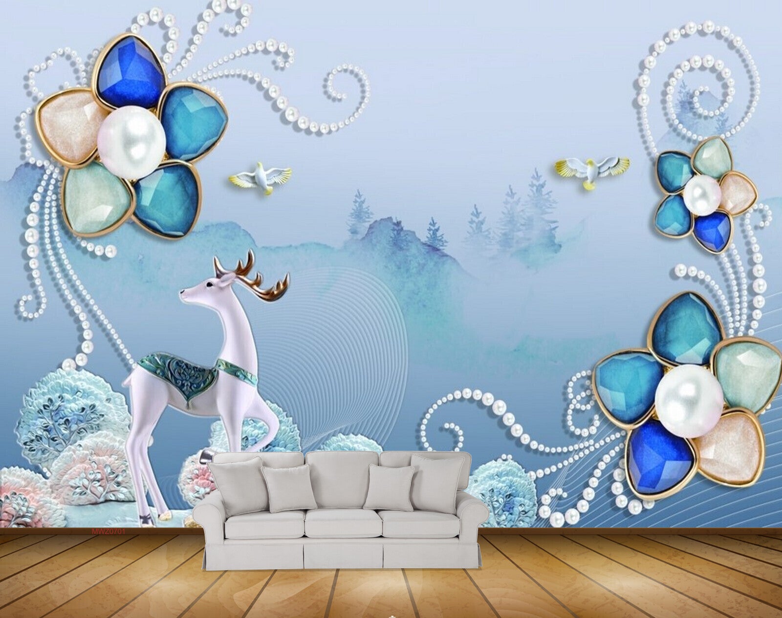 Avikalp MWZ0701 Blue Flowers Deer Birds 3D HD Wallpaper