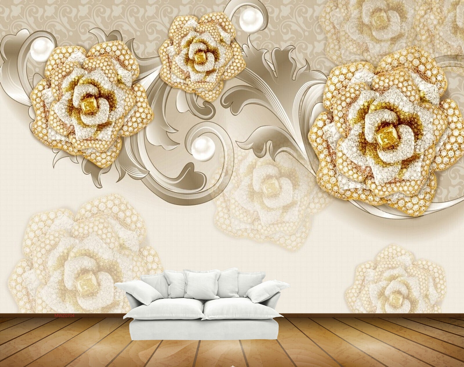 Avikalp MWZ0704 Golden White Flowers 3D HD Wallpaper