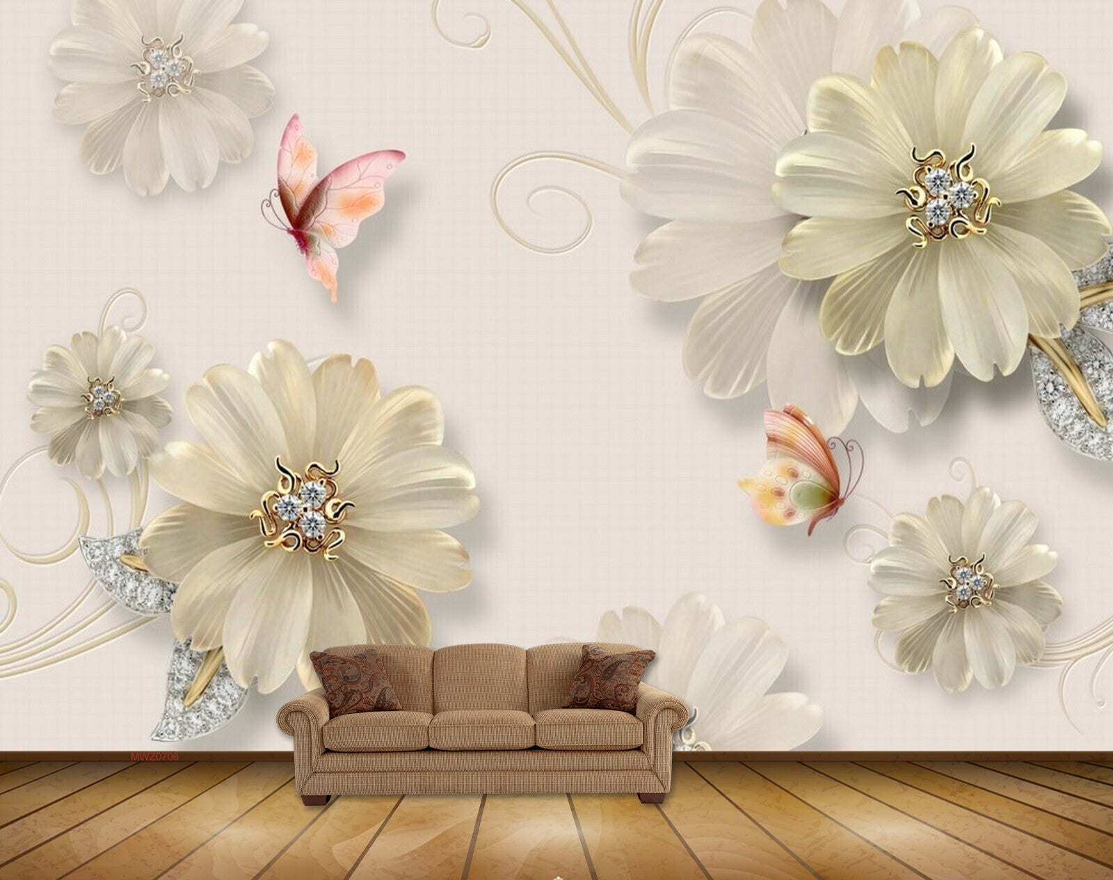 Avikalp MWZ0706 White Flowers Butterflies 3D HD Wallpaper