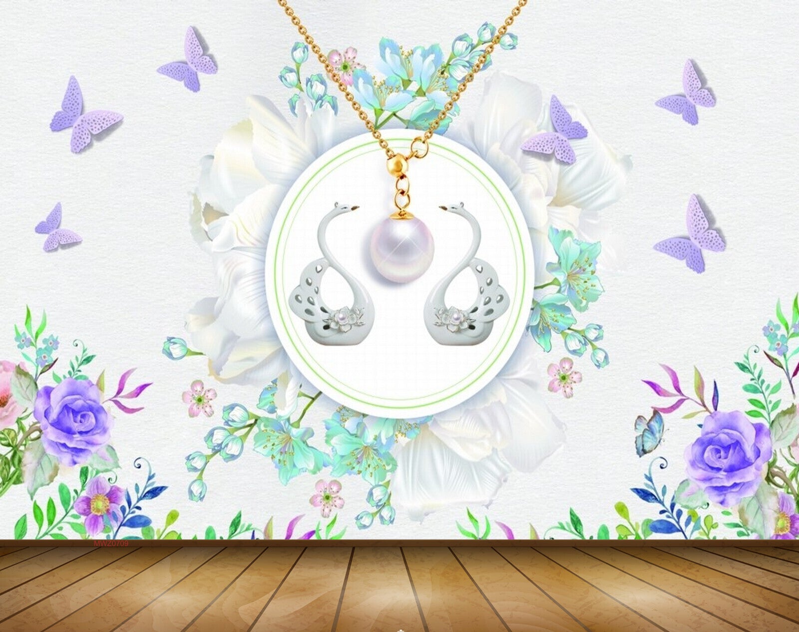 Avikalp MWZ0709 Purple Flowers Butterflies Swans 3D HD Wallpaper