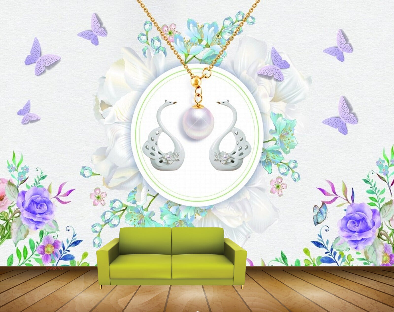Avikalp MWZ0709 Purple Flowers Butterflies Swans 3D HD Wallpaper