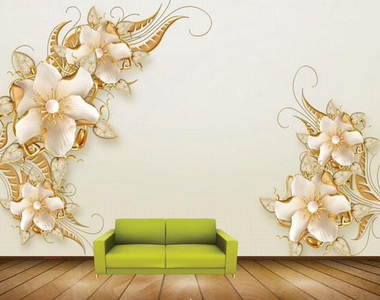 Avikalp MWZ0715 White Golden Flowers HD Wallpaper