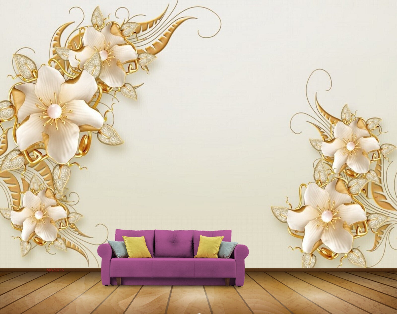 Avikalp MWZ0715 White Golden Flowers 3D HD Wallpaper