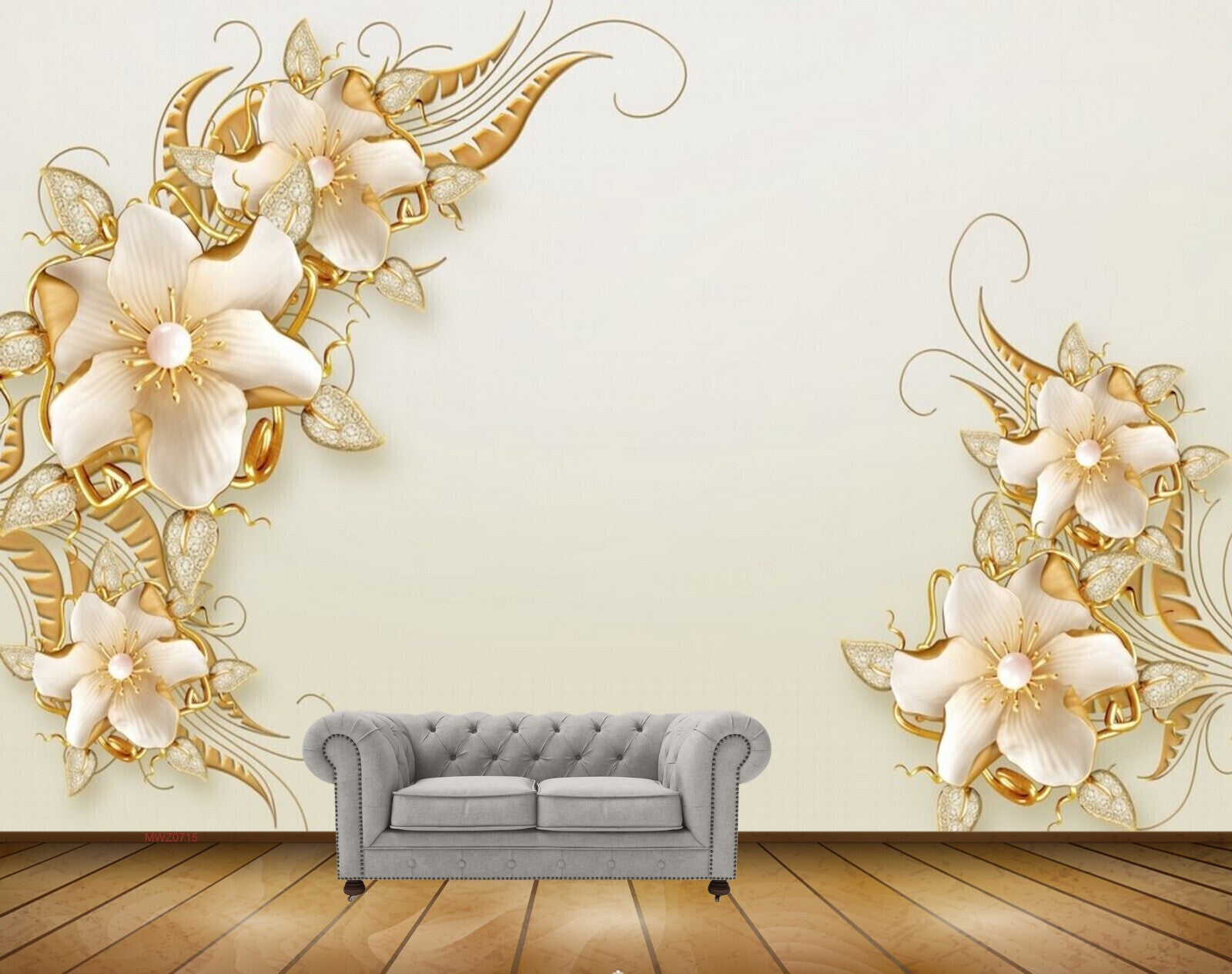Avikalp MWZ0715 White Golden Flowers 3D HD Wallpaper