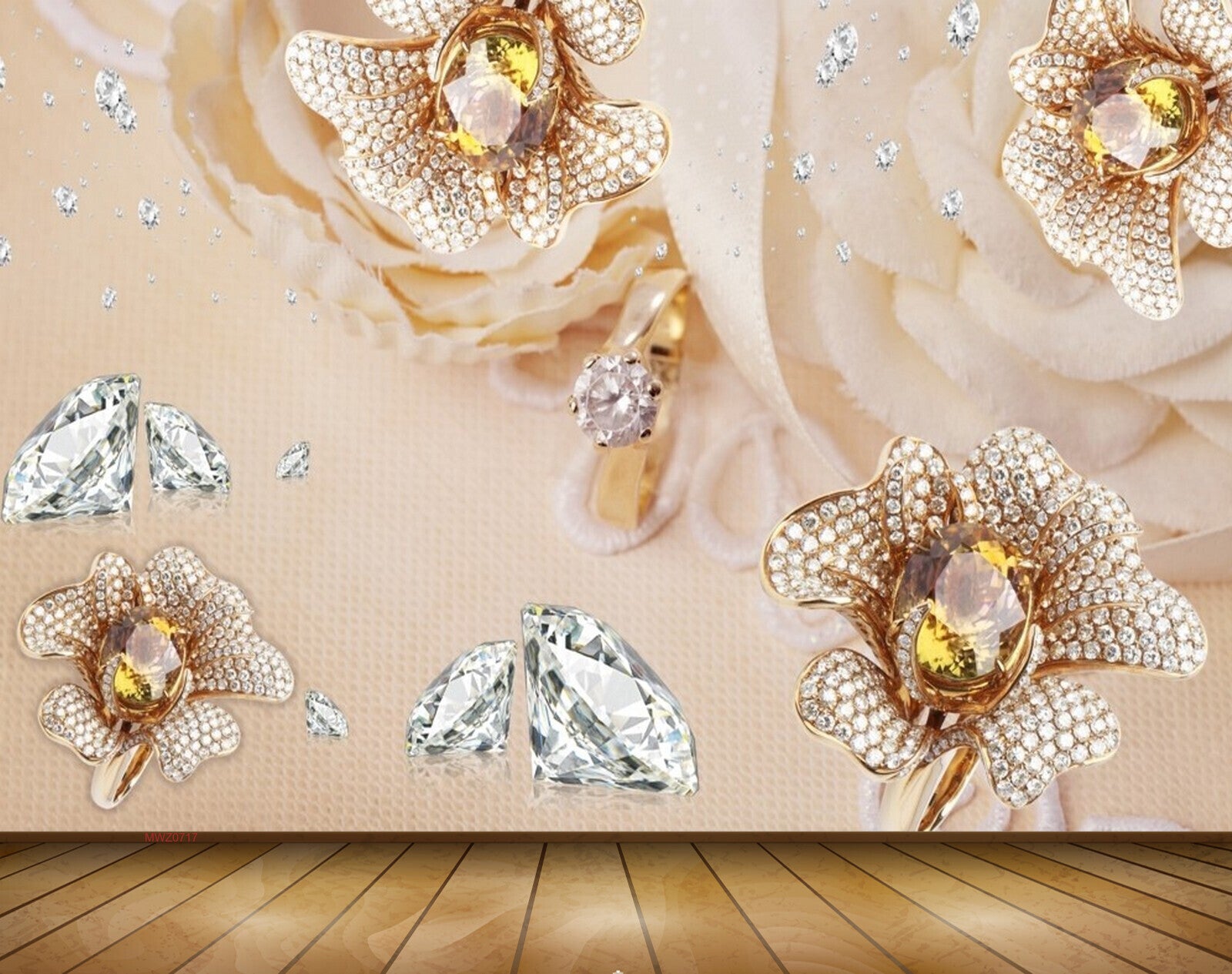 Avikalp MWZ0717 Diamonds Golden Flowers 3D HD Wallpaper