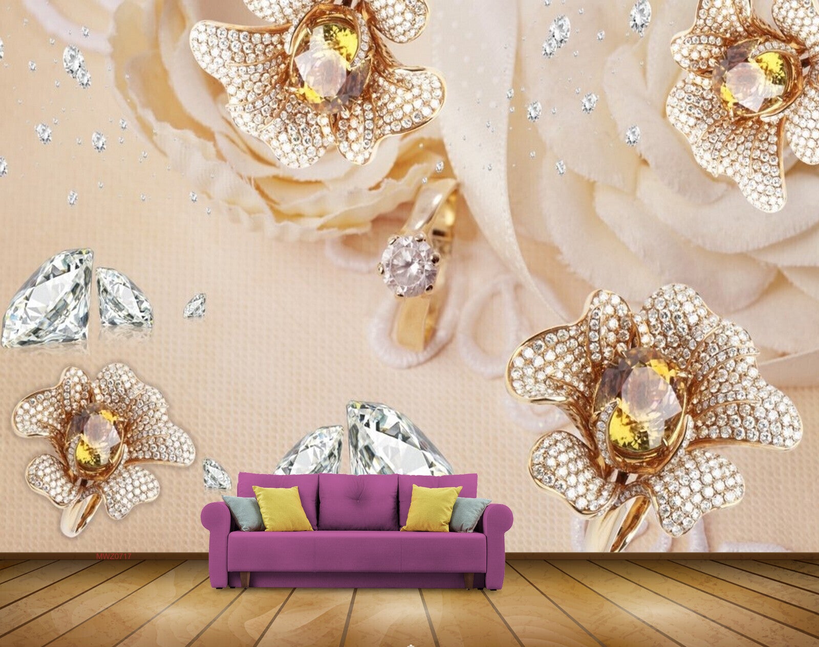 Avikalp MWZ0717 Diamonds Golden Flowers 3D HD Wallpaper