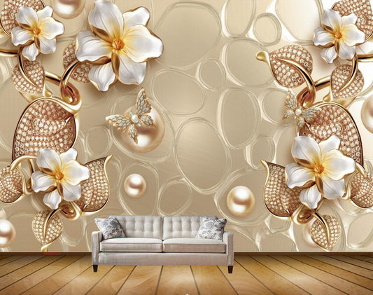 Avikalp MWZ0723 White Golden Flowers Butterflies HD Wallpaper