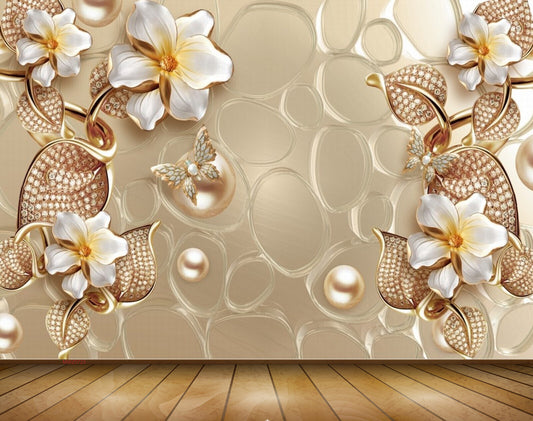 Avikalp MWZ0723 White Golden Flowers Butterflies 3D HD Wallpaper