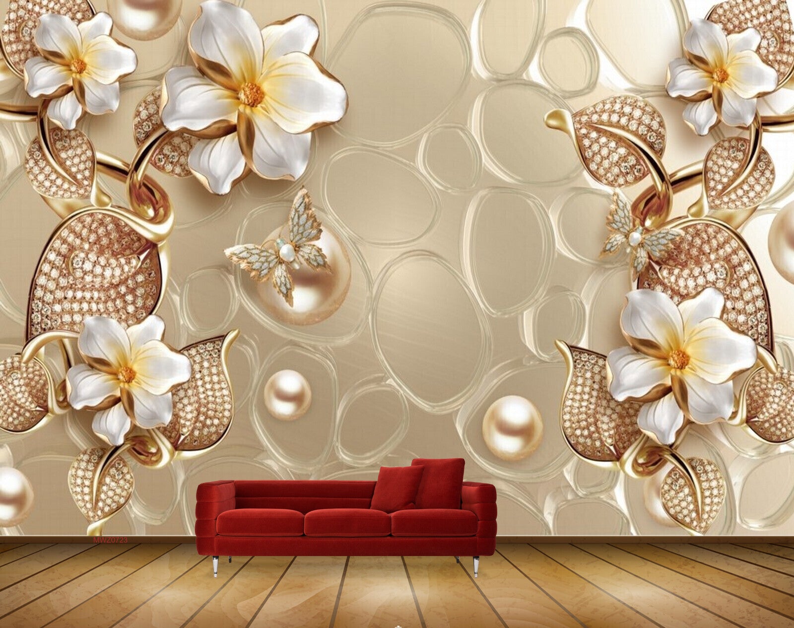 Avikalp MWZ0723 White Golden Flowers Butterflies 3D HD Wallpaper
