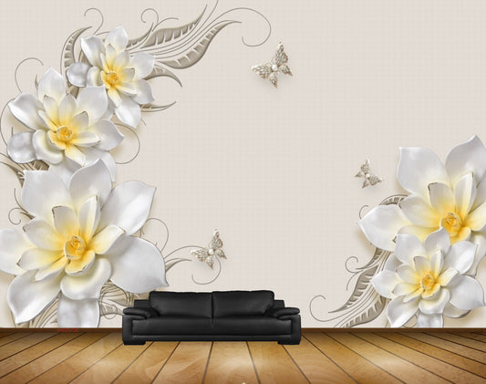 Avikalp MWZ0726 White Yellow Flowers Butterflies HD Wallpaper
