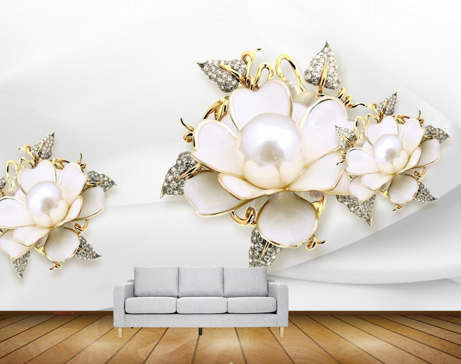 Avikalp MWZ0728 White Golden Flowers Cranes 3D HD Wallpaper
