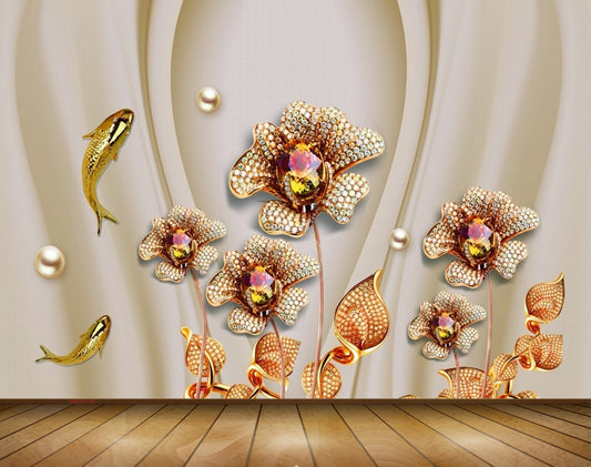 Avikalp MWZ0730 Orange Flowers Fishes Leaves 3D HD Wallpaper