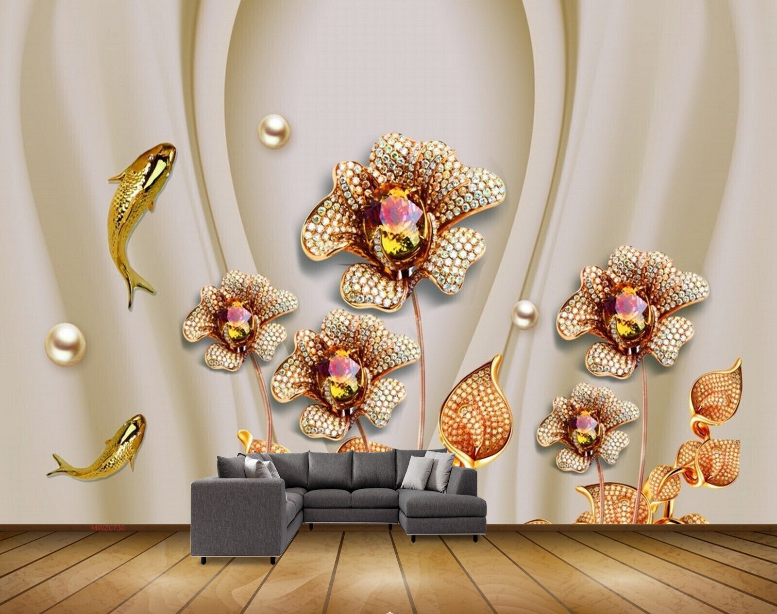 Avikalp MWZ0730 Orange Flowers Fishes Leaves 3D HD Wallpaper