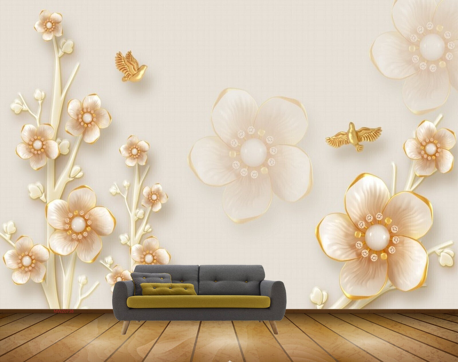 Avikalp MWZ0738 White Orange Flowers Birds 3D HD Wallpaper