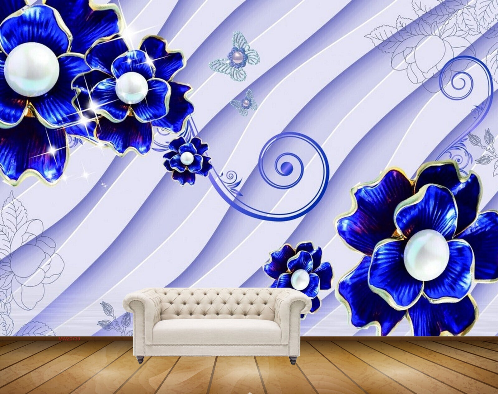 Avikalp MWZ0739 Blue Flowers Butterflies 3D HD Wallpaper