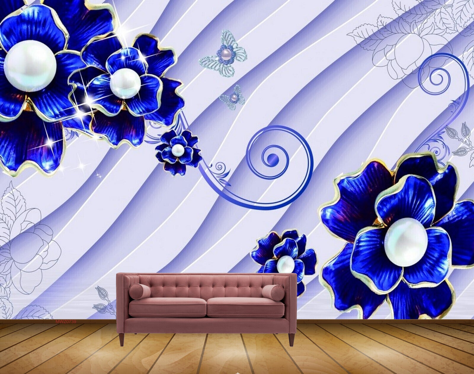 Avikalp MWZ0739 Blue Flowers Butterflies 3D HD Wallpaper