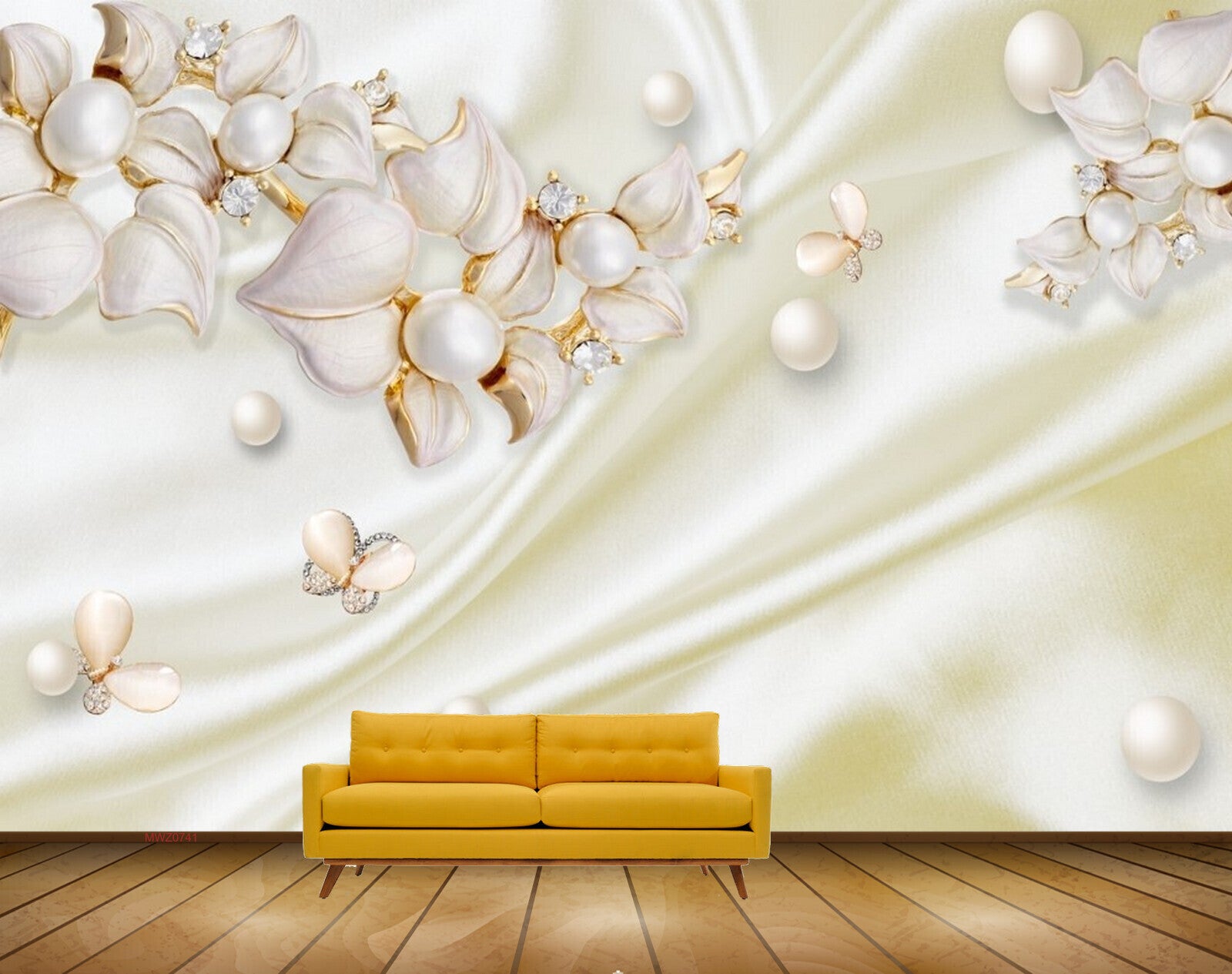 Avikalp MWZ0741 White Golden Flowers Leaves 3D HD Wallpaper