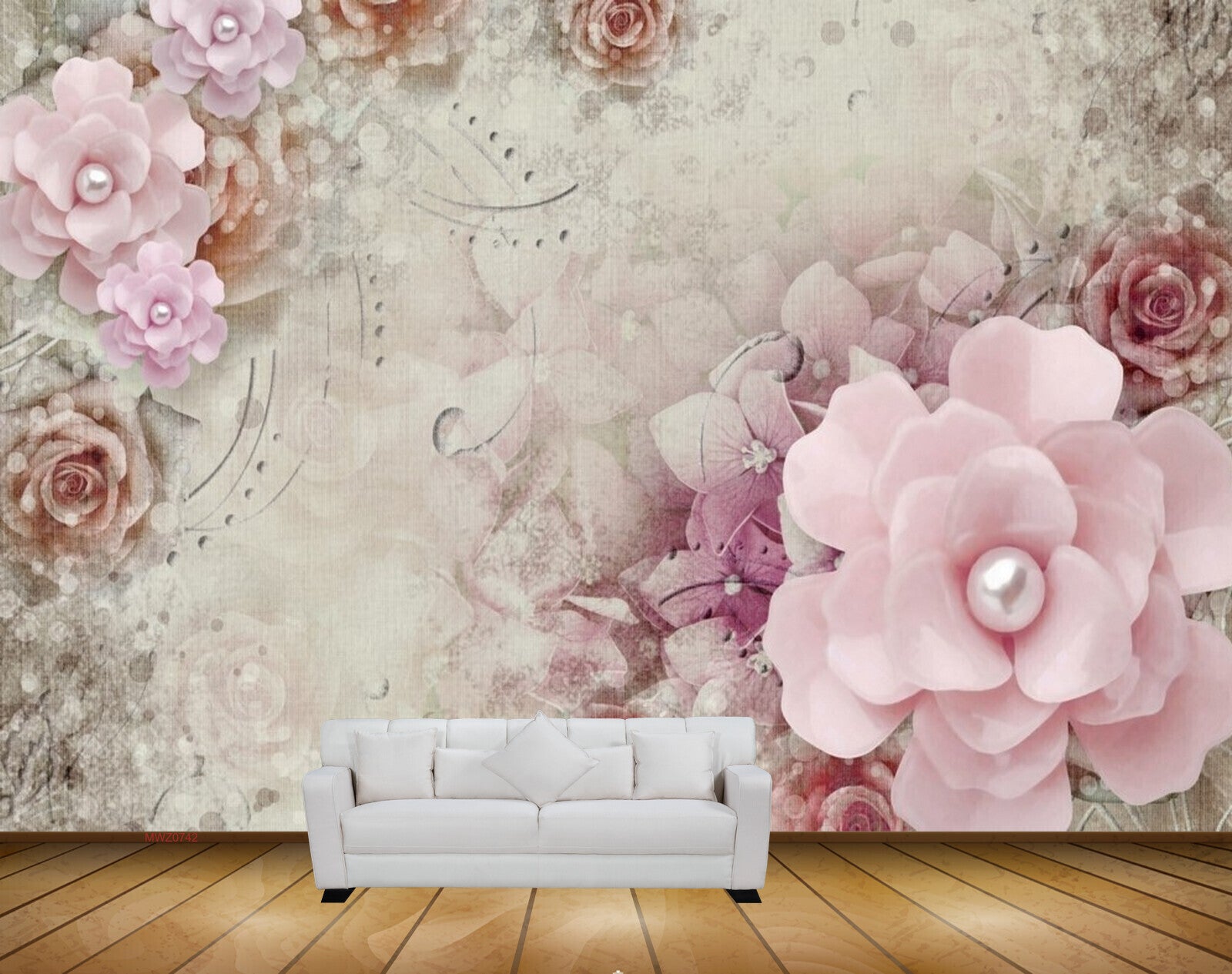 Avikalp MWZ0742 Pink White Leaves 3D HD Wallpaper