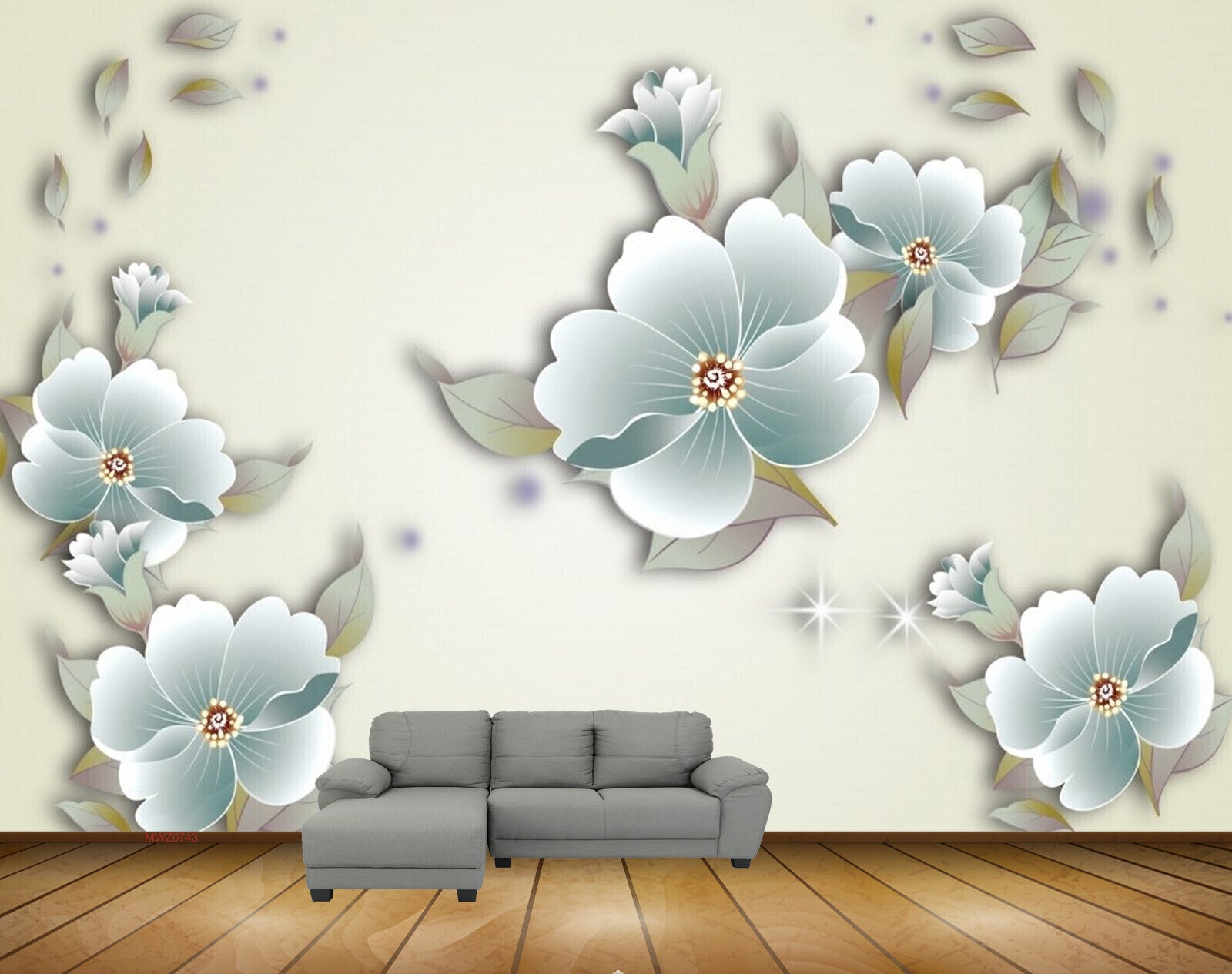 Avikalp MWZ0743 White Green Flowers Leaves HD Wallpaper