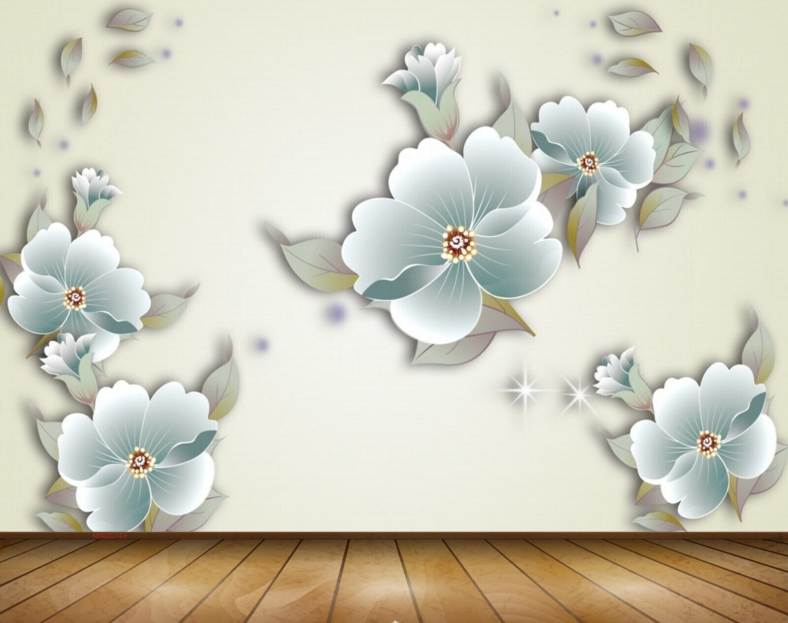 Avikalp MWZ0743 White Green Flowers Leaves 3D HD Wallpaper