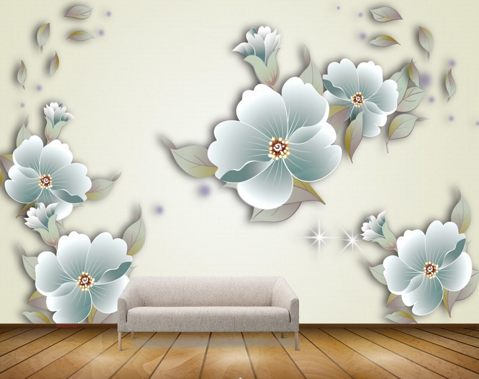 Avikalp MWZ0743 White Green Flowers Leaves 3D HD Wallpaper