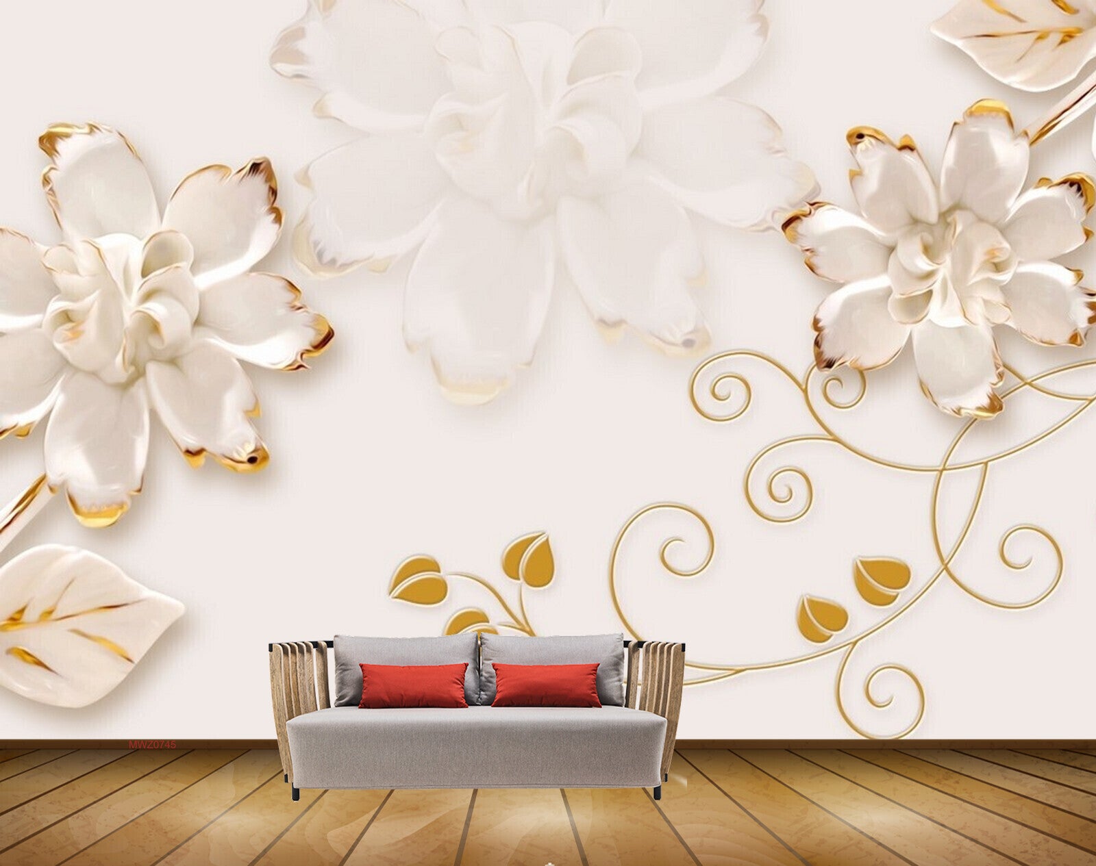 Avikalp MWZ0745 White Gold Flowers Leaves HD Wallpaper