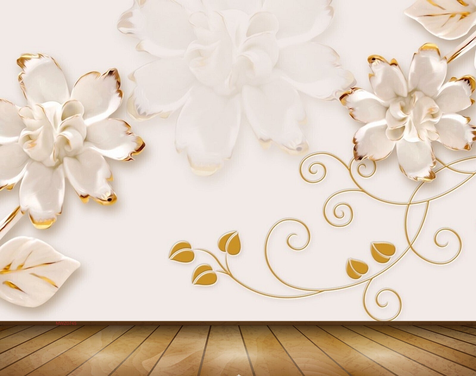 Avikalp MWZ0745 White Gold Flowers Leaves 3D HD Wallpaper