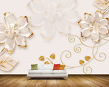 Avikalp MWZ0745 White Gold Flowers Leaves 3D HD Wallpaper