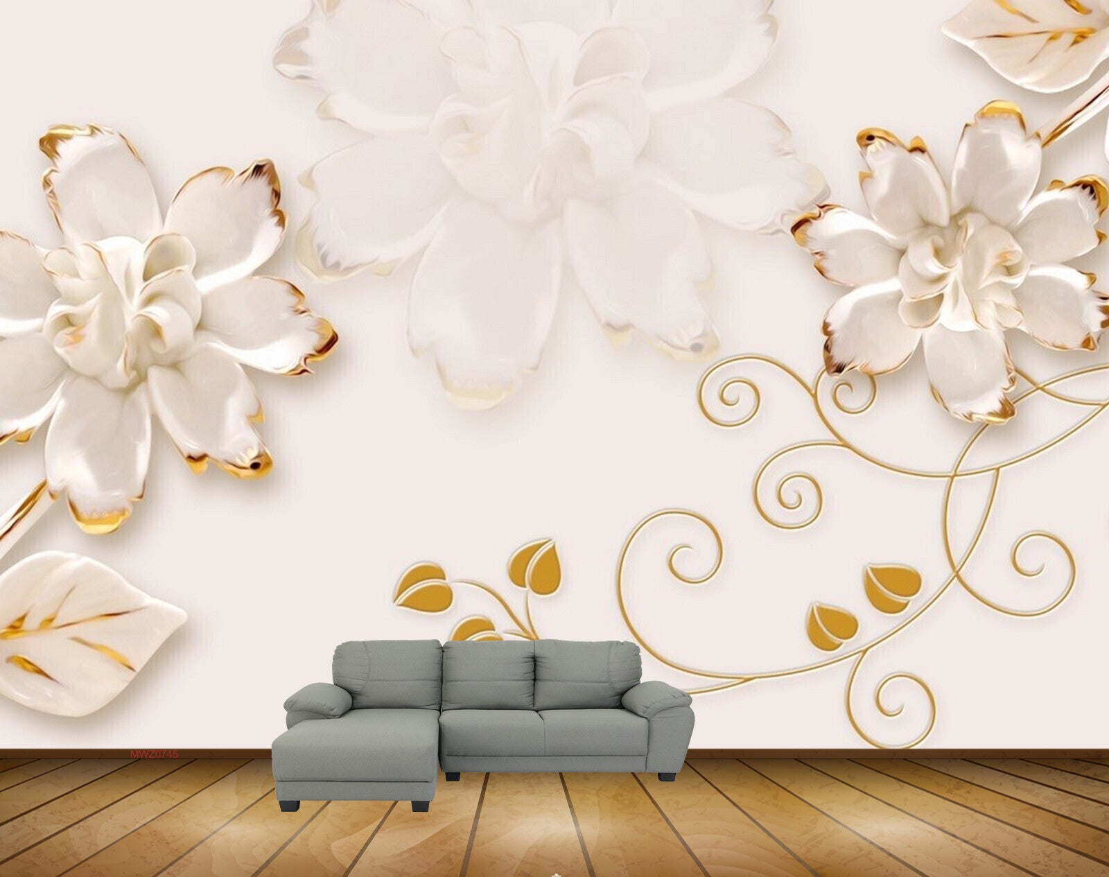 Avikalp MWZ0745 White Gold Flowers Leaves 3D HD Wallpaper