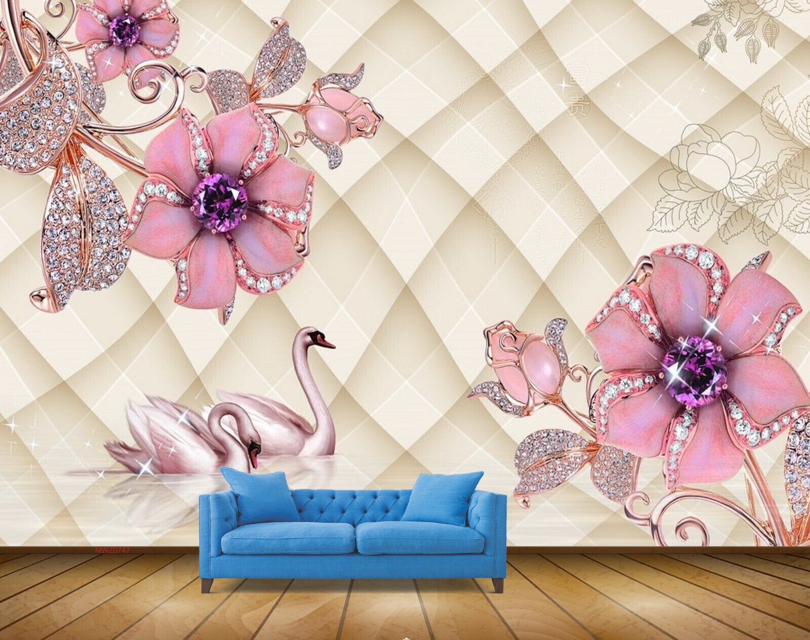 Avikalp MWZ0747 Pink Flowers Leaves Cranes HD Wallpaper