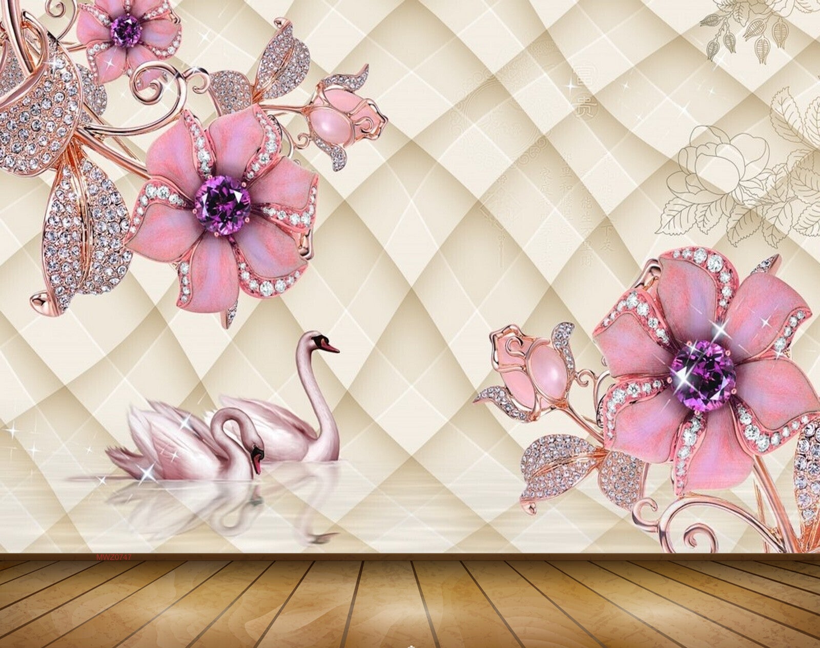 Avikalp MWZ0747 Pink Flowers Leaves Cranes 3D HD Wallpaper