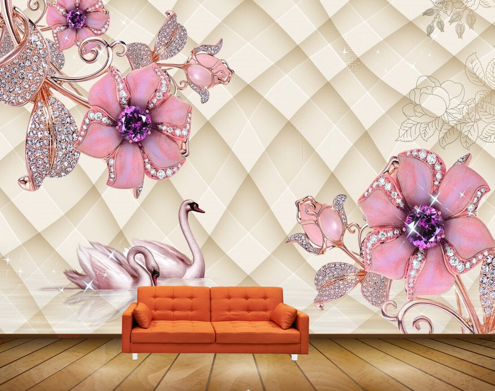 Avikalp MWZ0747 Pink Flowers Leaves Cranes 3D HD Wallpaper