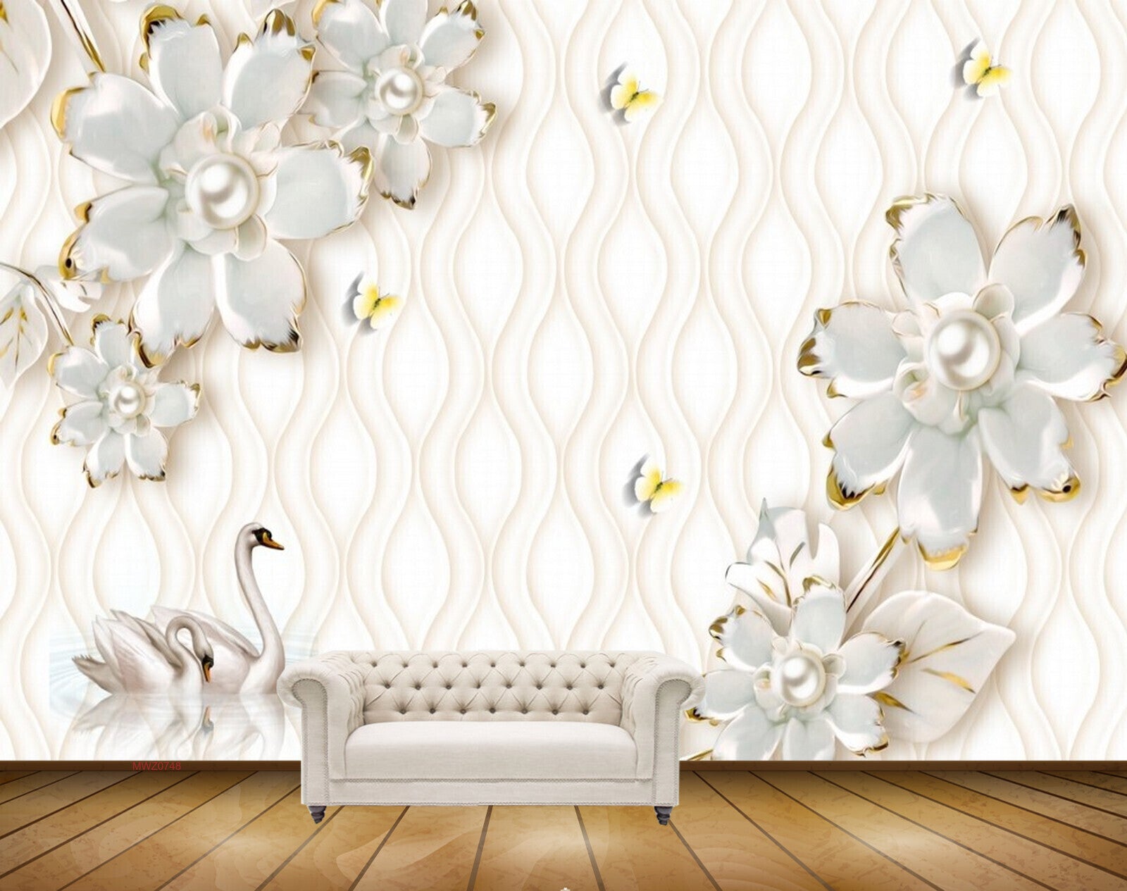 Avikalp MWZ0748 White Flowers Cranes Butterflies HD Wallpaper