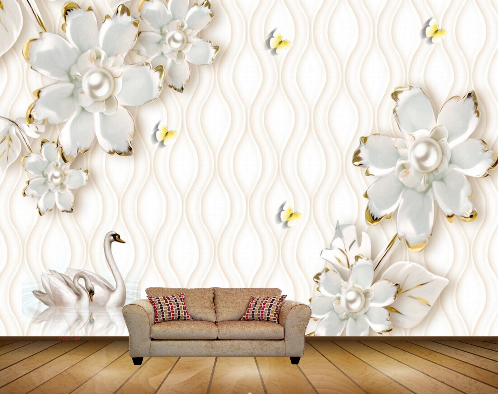 Avikalp MWZ0748 White Flowers Cranes Butterflies 3D HD Wallpaper