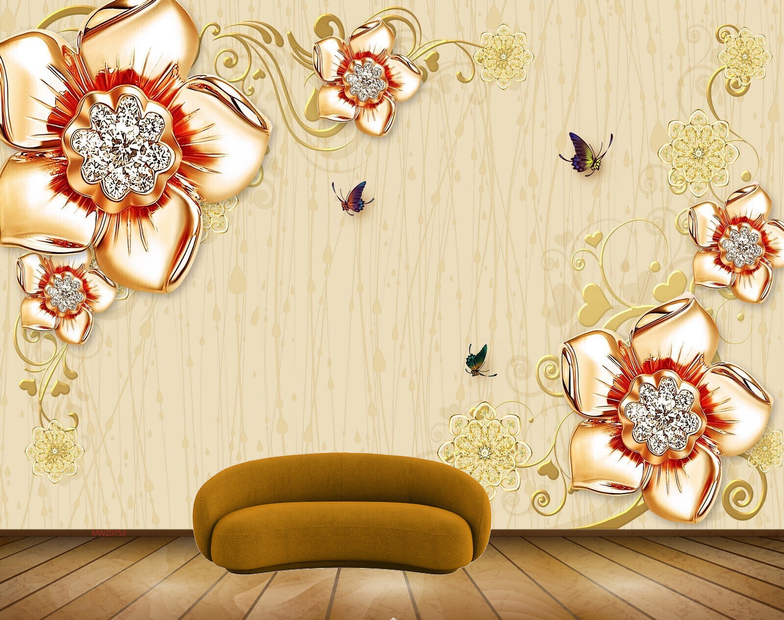 Avikalp MWZ0753 Red Gold Flowers Butterflies 3D HD Wallpaper