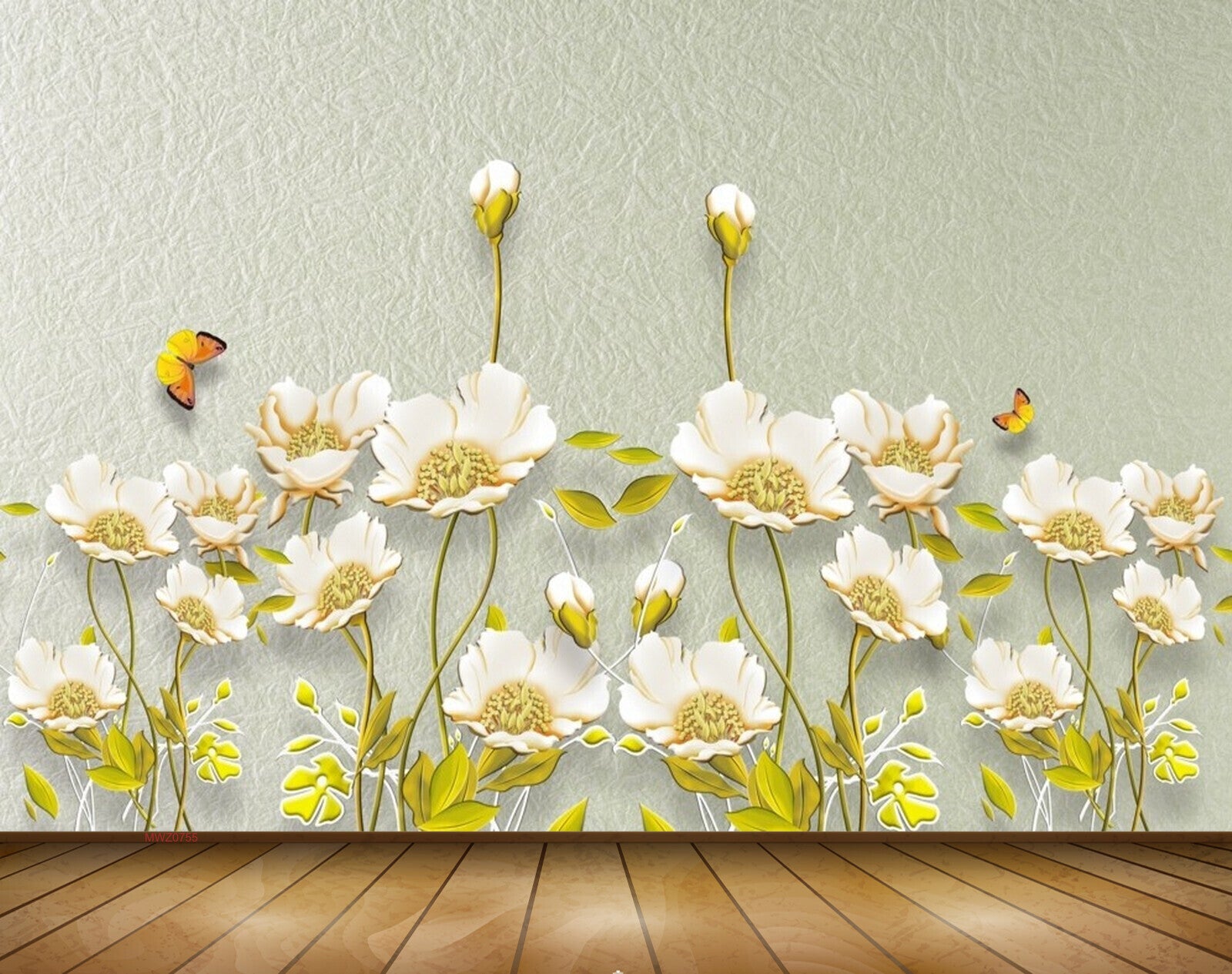 Avikalp MWZ0755 White Flowes Leaves Butterflies 3D HD Wallpaper