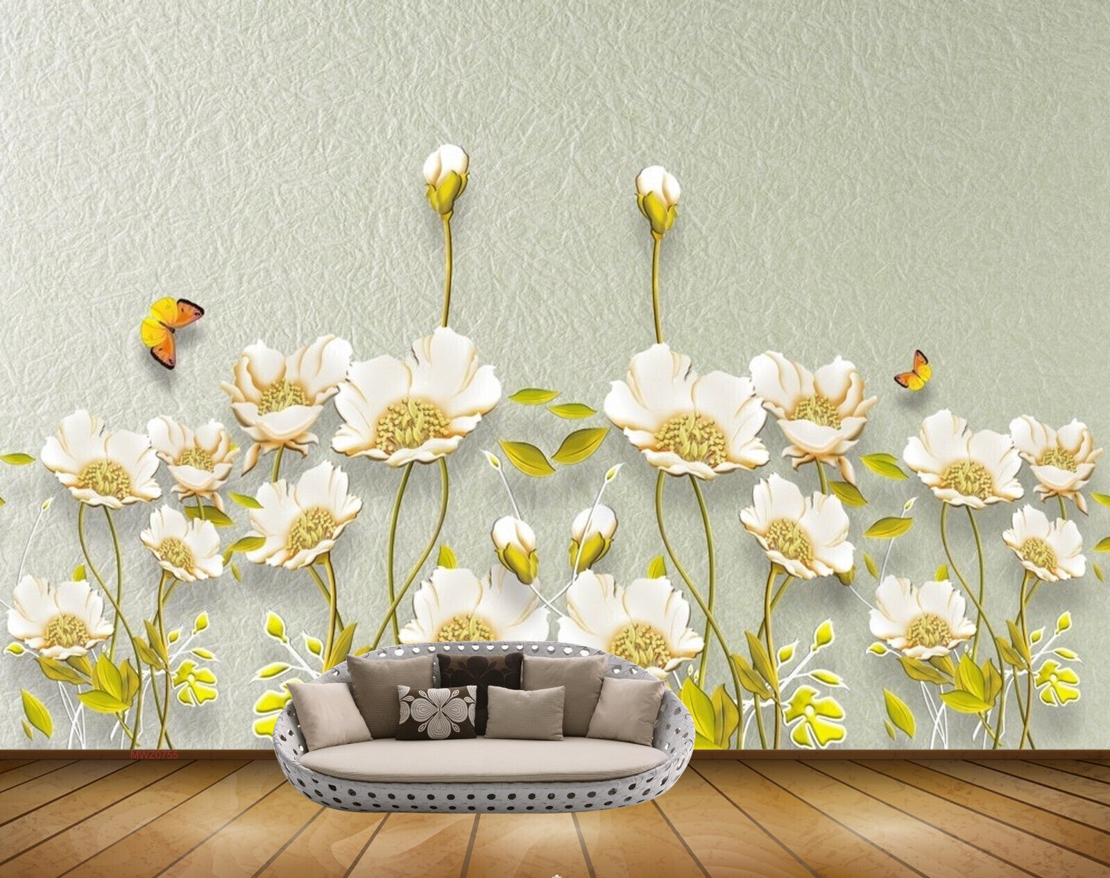 Avikalp MWZ0755 White Flowes Leaves Butterflies 3D HD Wallpaper