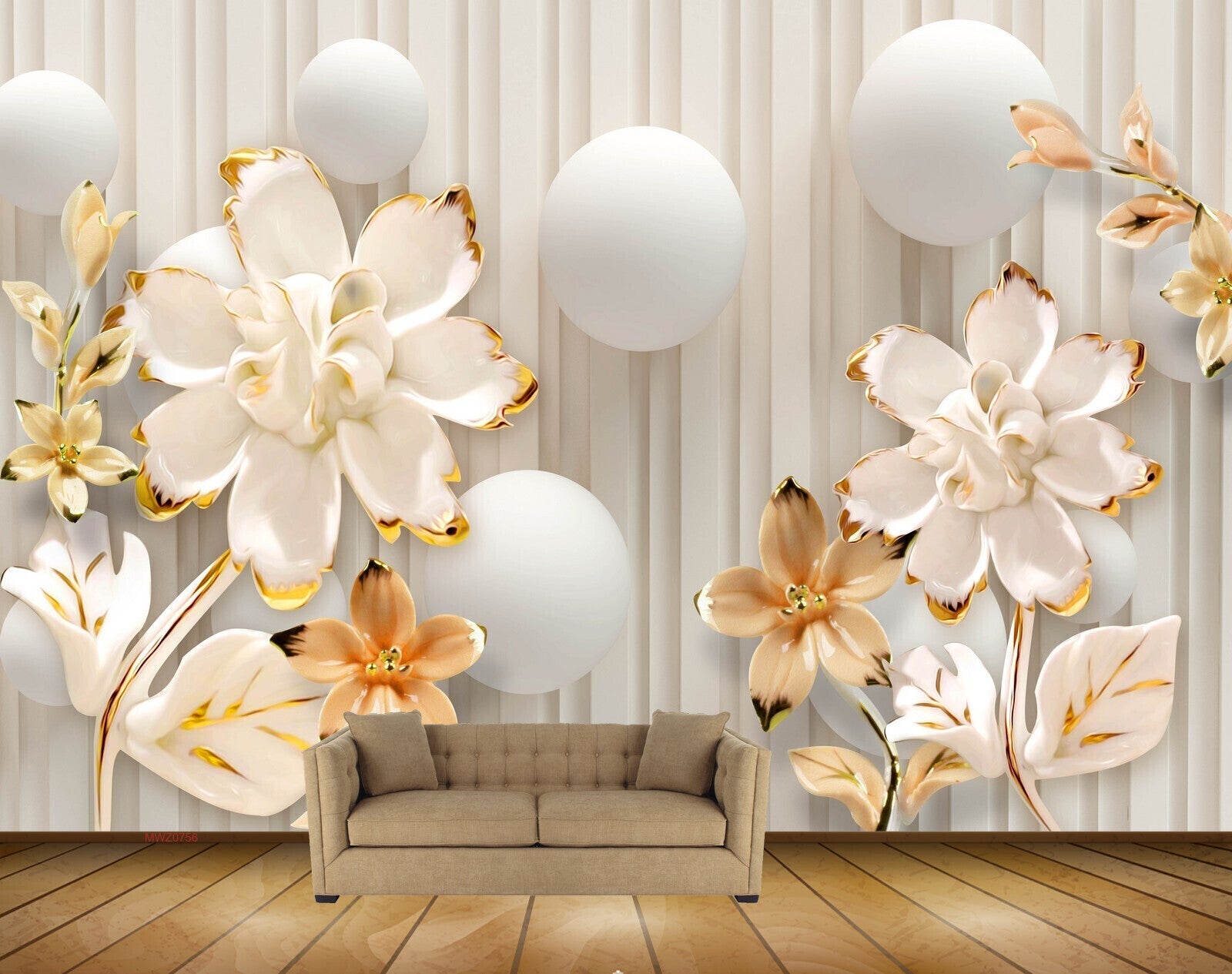 Avikalp MWZ0756 White Pink Flowers Leaves 3D HD Wallpaper