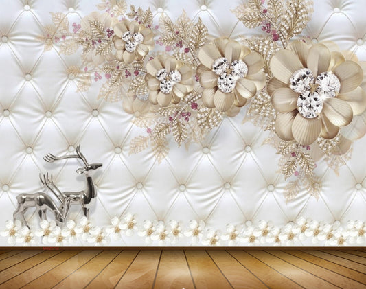 Avikalp MWZ0758 Deers White Cream Flowers 3D HD Wallpaper