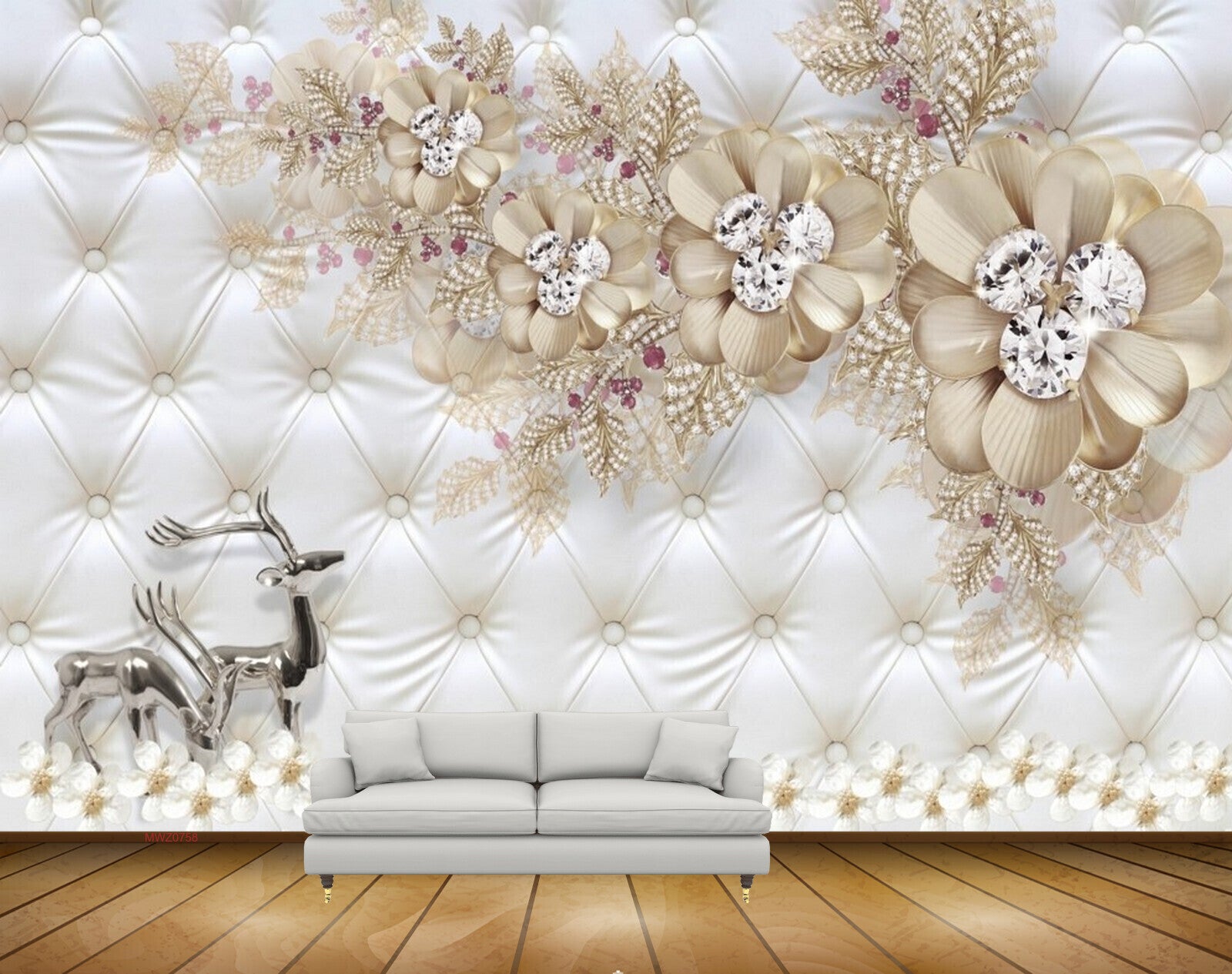 Avikalp MWZ0758 Deers White Cream Flowers 3D HD Wallpaper